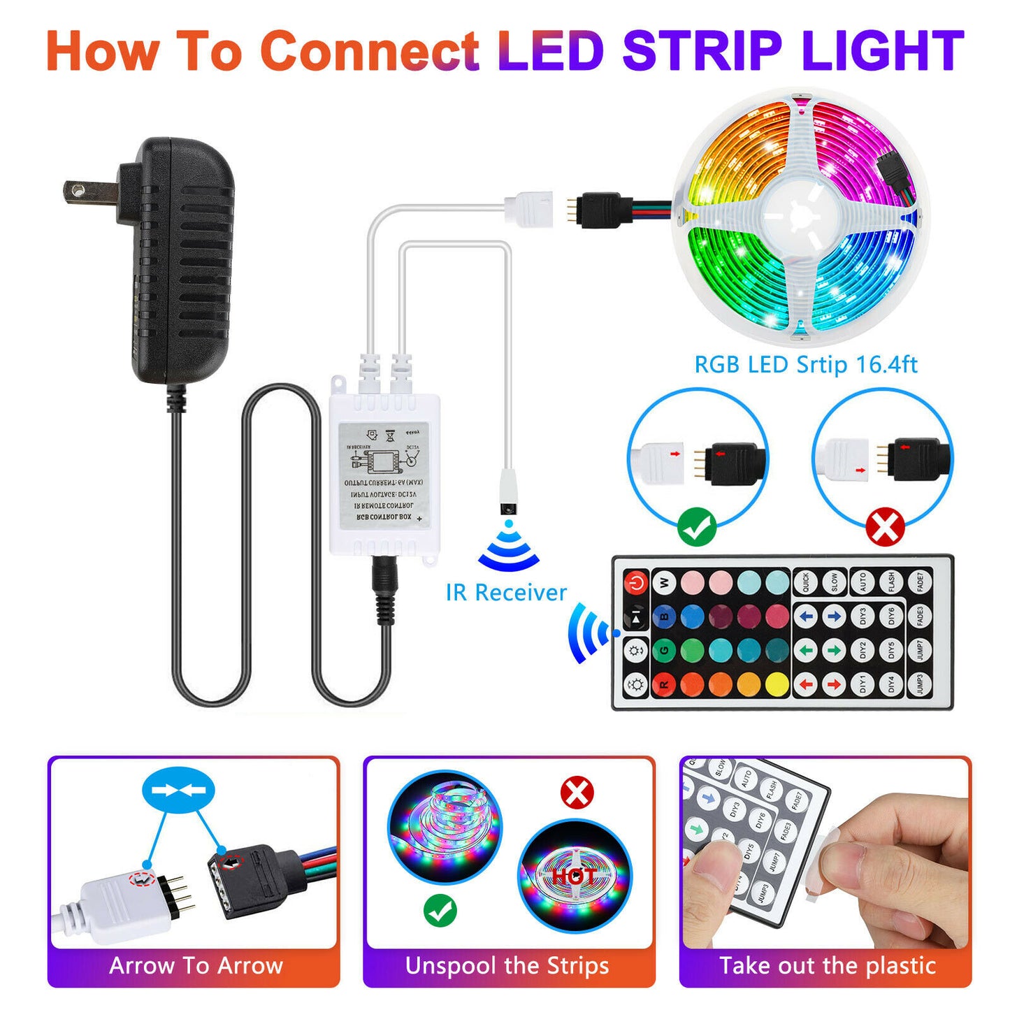 16.4FT RGB Flexible 300LED Strip Light SMD Remote Fairy Lights Room