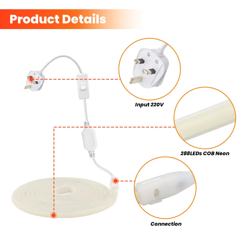 1/35M High Bright COB LED Strip Light 220V 288Leds Neon Strip