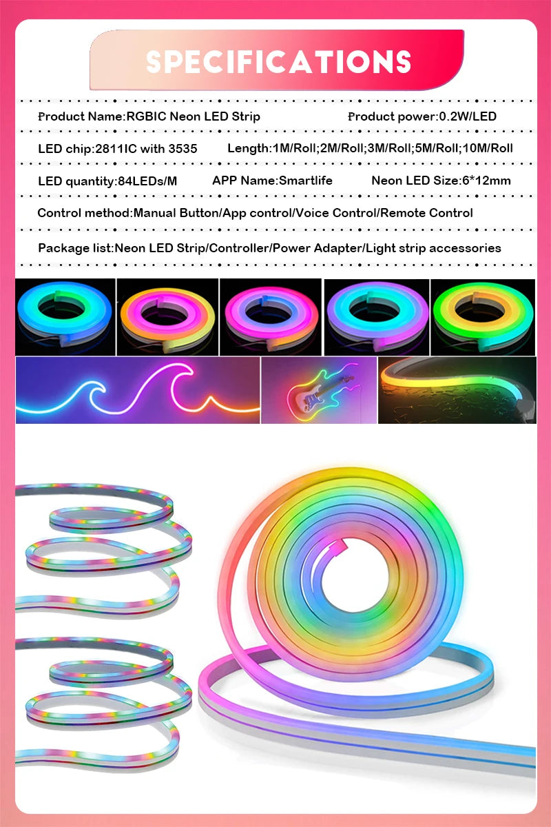 TUYA Neon LED Strip Lights 12-24V 84LEDs/M Silicone Neon Rope Light