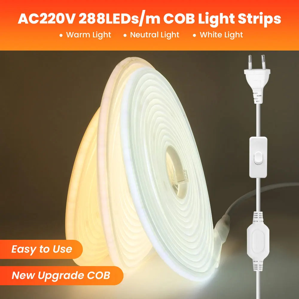 1/35M High Bright COB LED Strip Light 220V 288Leds Neon Strip