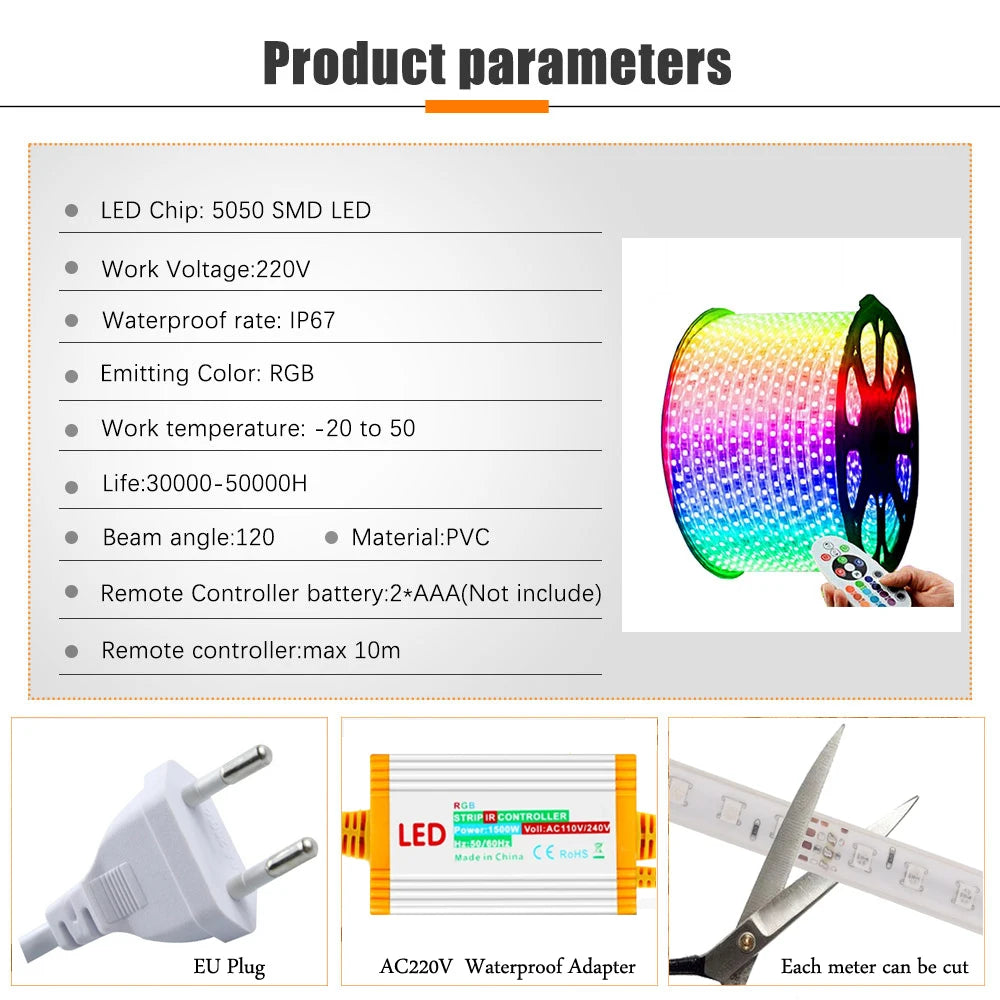 RGB LED Strip Light 220V Waterproof/Multi-Colors/Multi-Modes