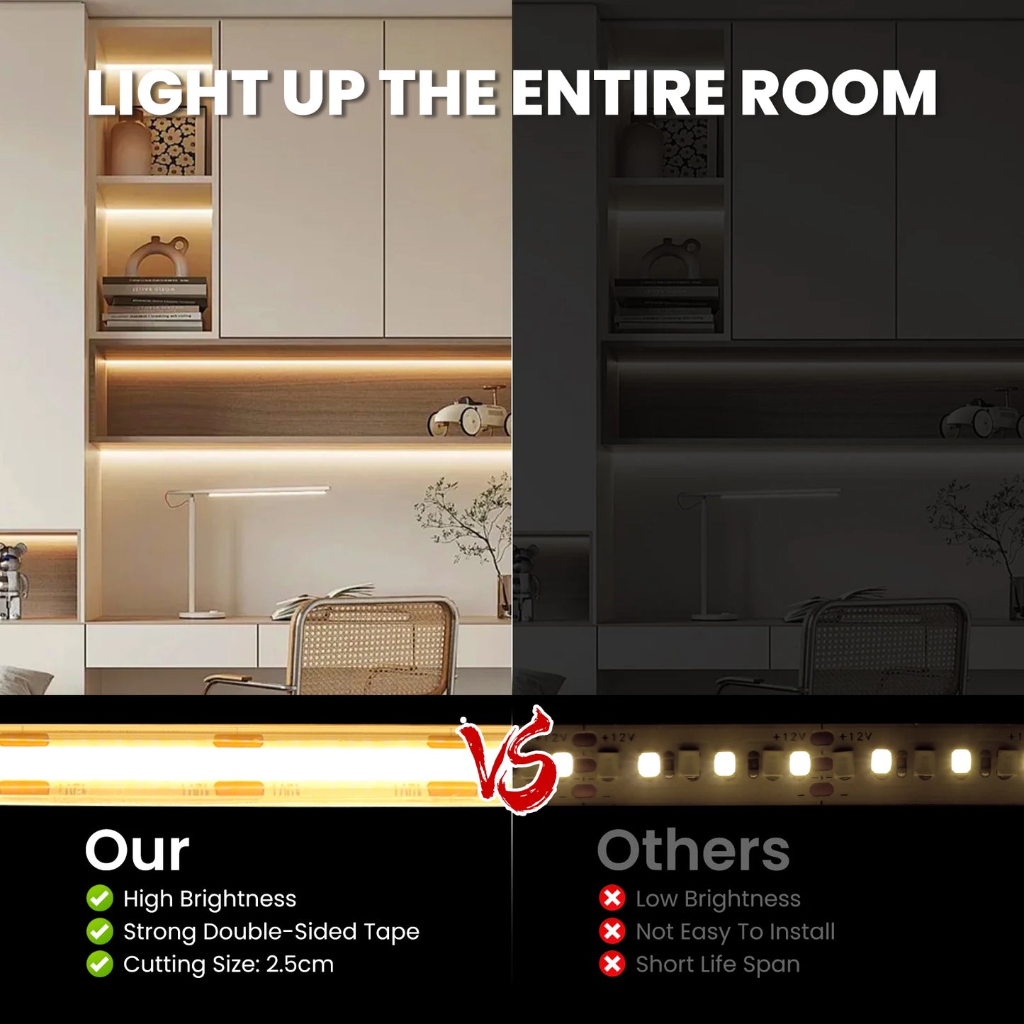 IP67 Waterproof 12/24V COB LED Strip Light 480LED/m Dimmable