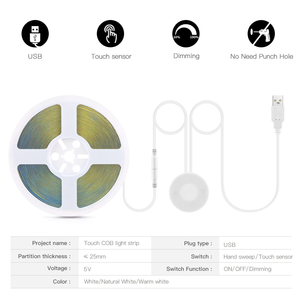 USB 5V COB LED Strip Light with Hand Sweep Motion Sensor Lighting