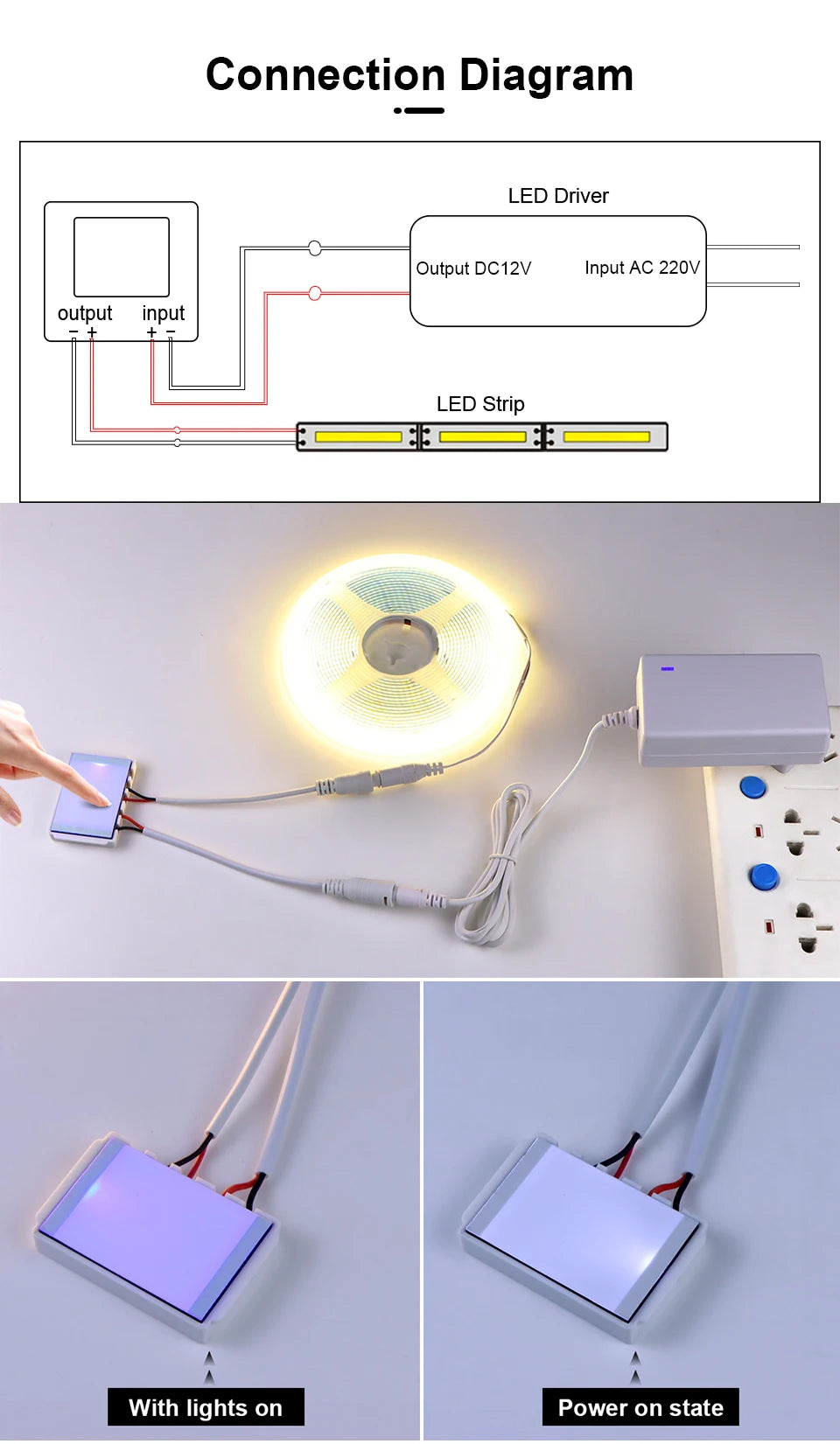 Touch Switch Makeup Mirror Light Dimmable 12V COB LED Strip Lights