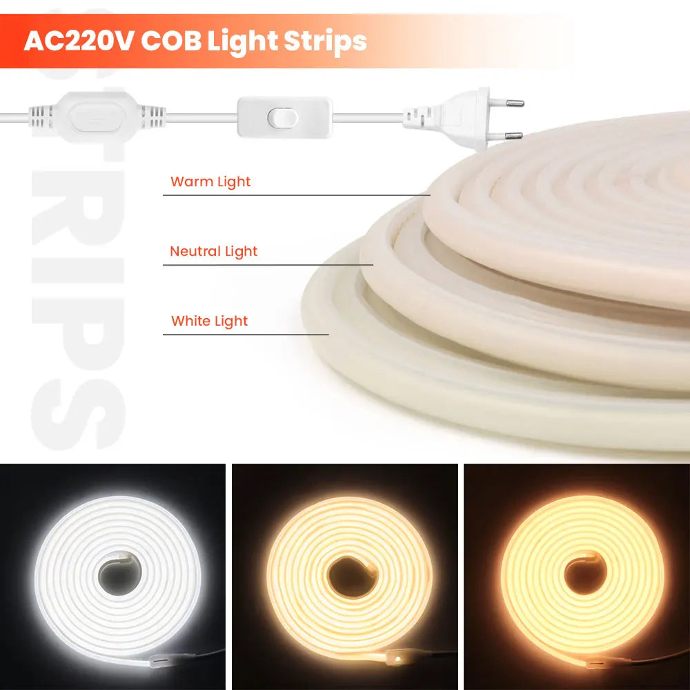 1/35M High Bright COB LED Strip Light 220V 288Leds Neon Strip