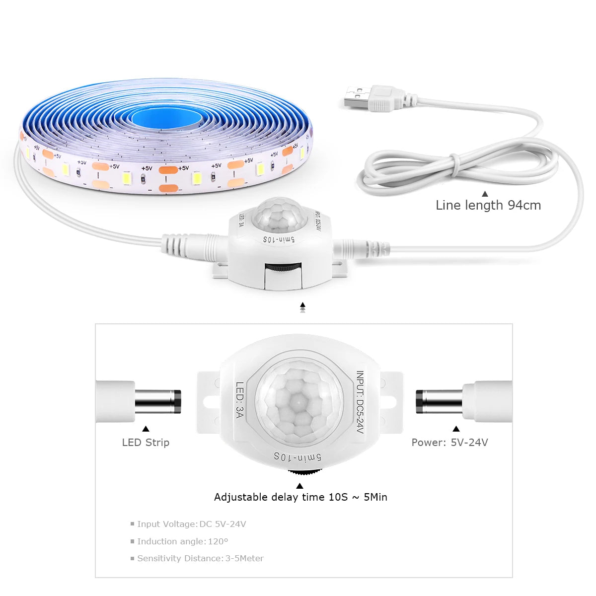 Wireless PIR Motion Sensor 5V USB LED Strip Light Flexible LED Tape