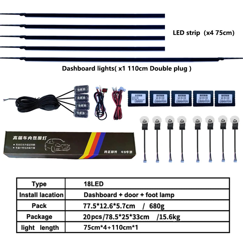 18 In 1 LED Car Ambient Lights Interior LED Acrylic Strip Light