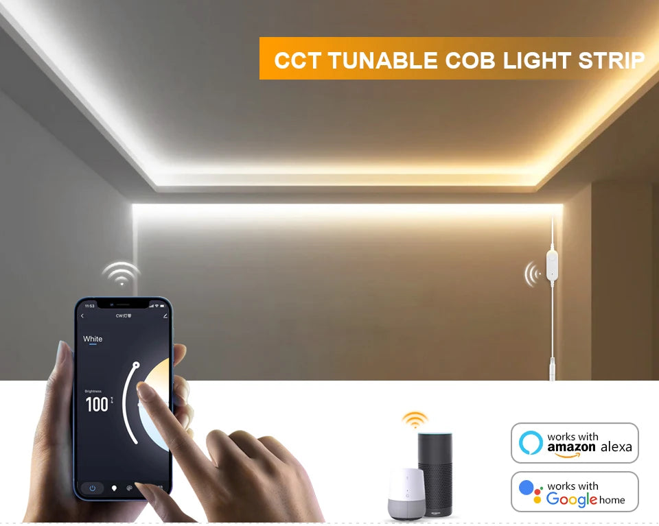 608LEDs/M CCT Wifi COB LED Strips Dual White room decor