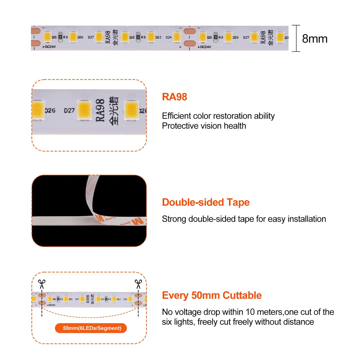12V 24V LED Strip Light RA98 2835 120LEDs/m Flexible Tape Home Decor