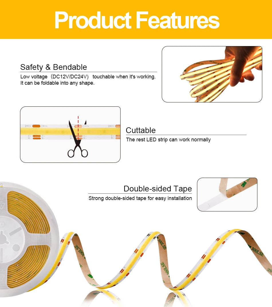 COB CCT LED Strip Lights 608 LEDs/m High Density Flexible Dimmable