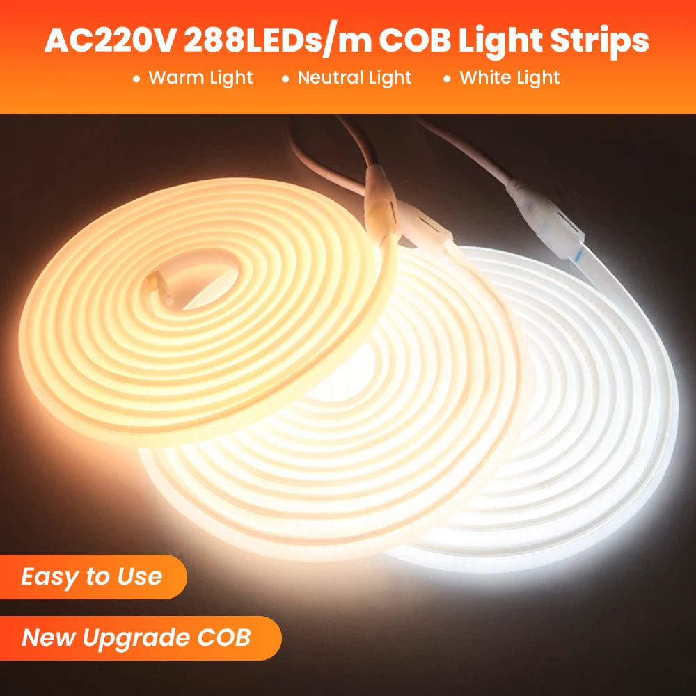 1/35M High Bright COB LED Strip Light 220V 288Leds Neon Strip