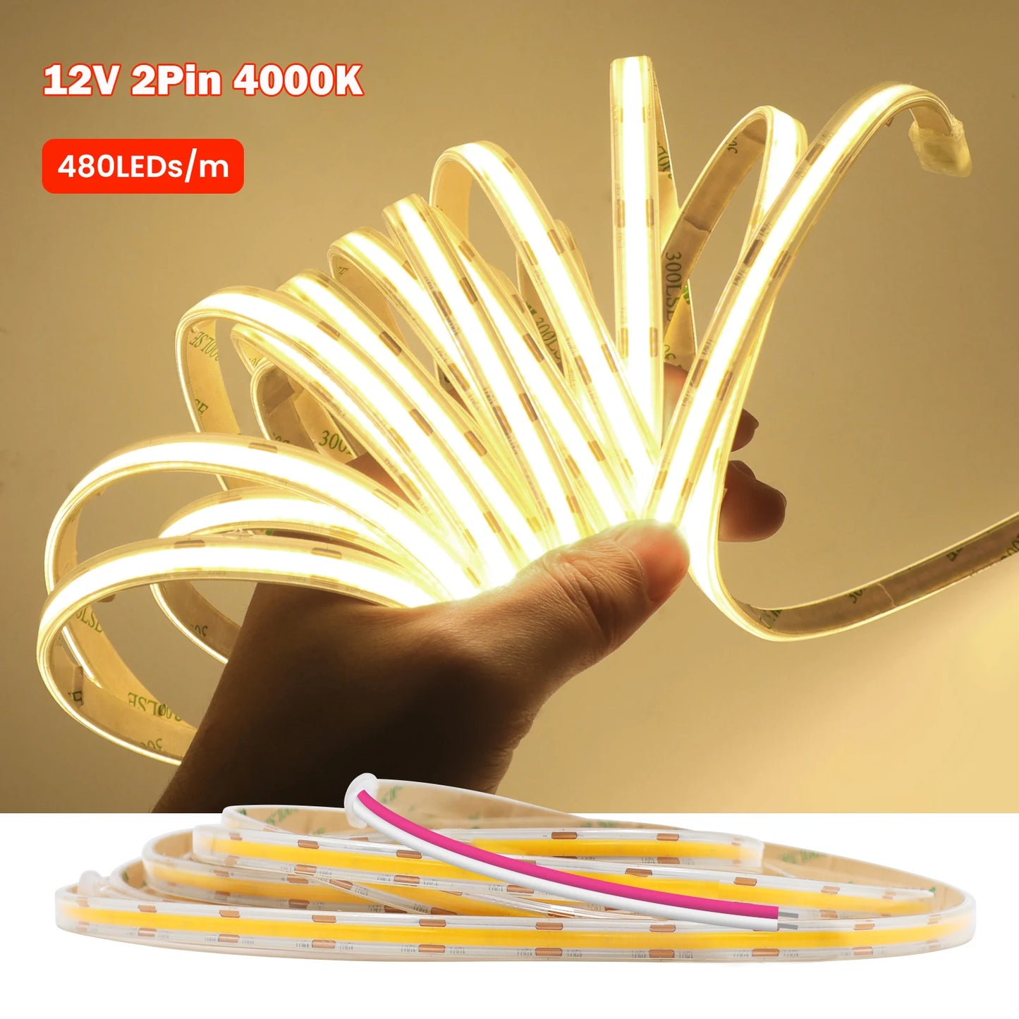 IP67 Waterproof 12/24V COB LED Strip Light 480LED/m Dimmable