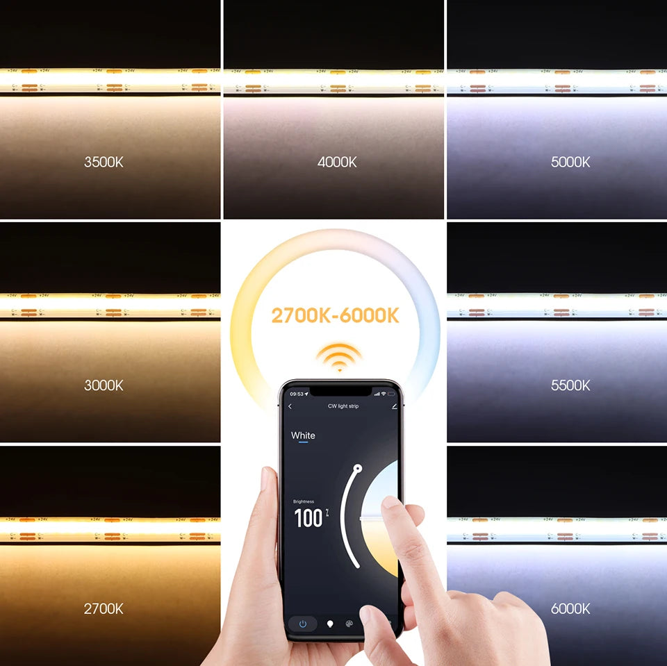 608LEDs/M CCT Wifi COB LED Strips Dual White room decor