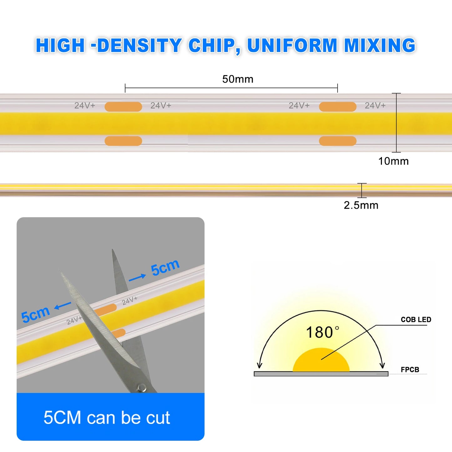 IP67 Waterproof 12/24V COB LED Strip Light 480LED/m Dimmable