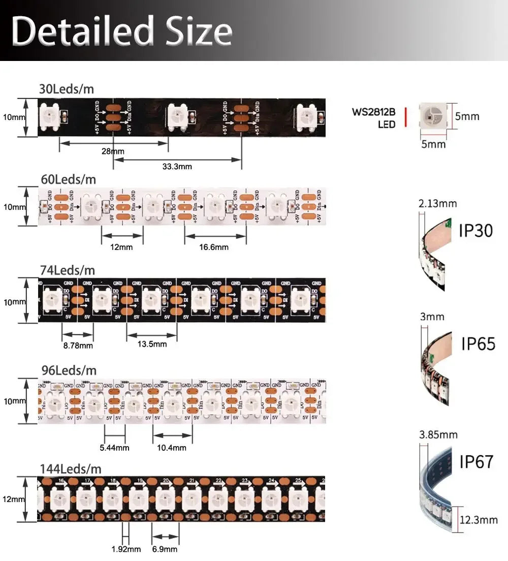 DC5V WS2812B Led Strip light 30/60/74/96/144leds/m Individually