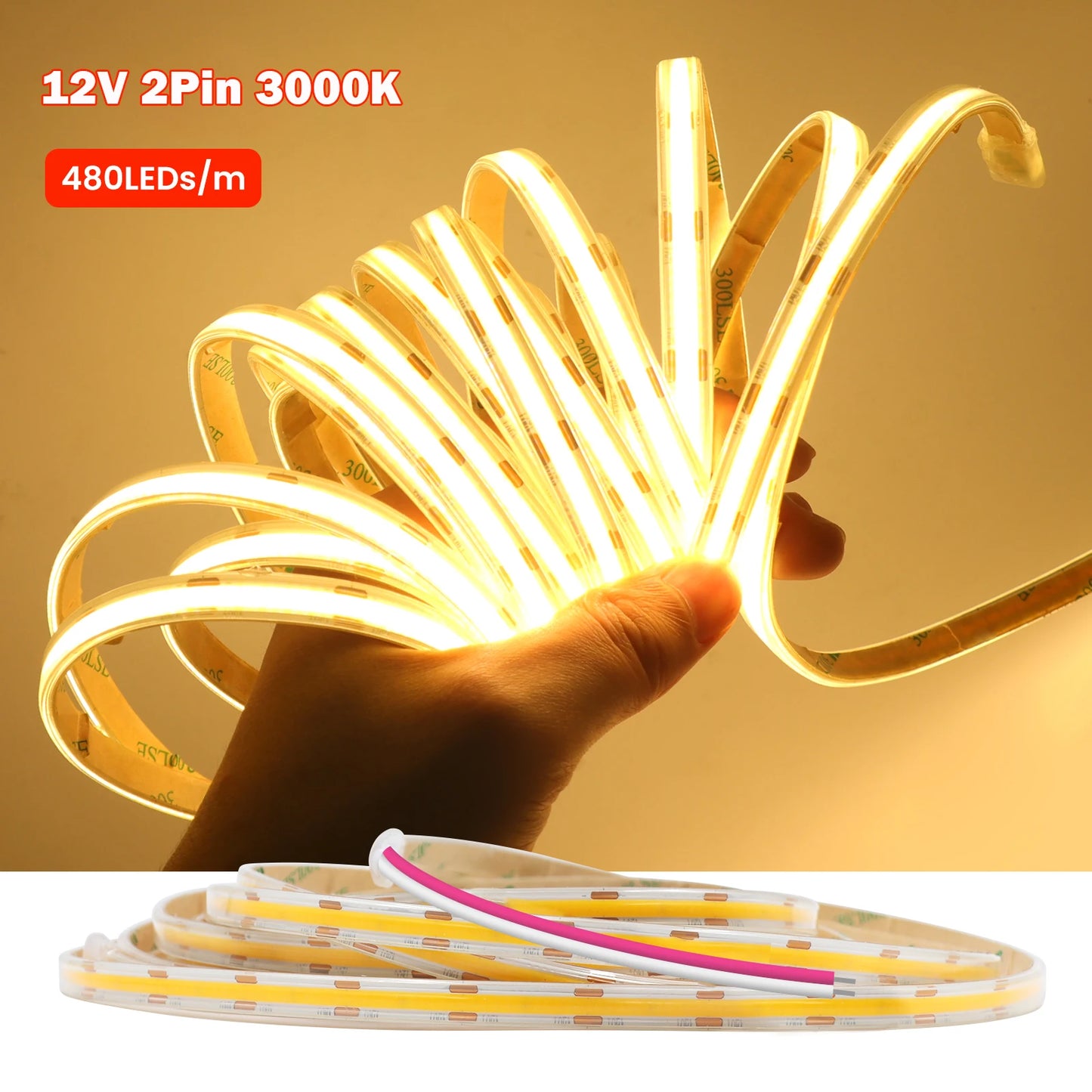IP67 Waterproof 12/24V COB LED Strip Light 480LED/m Dimmable