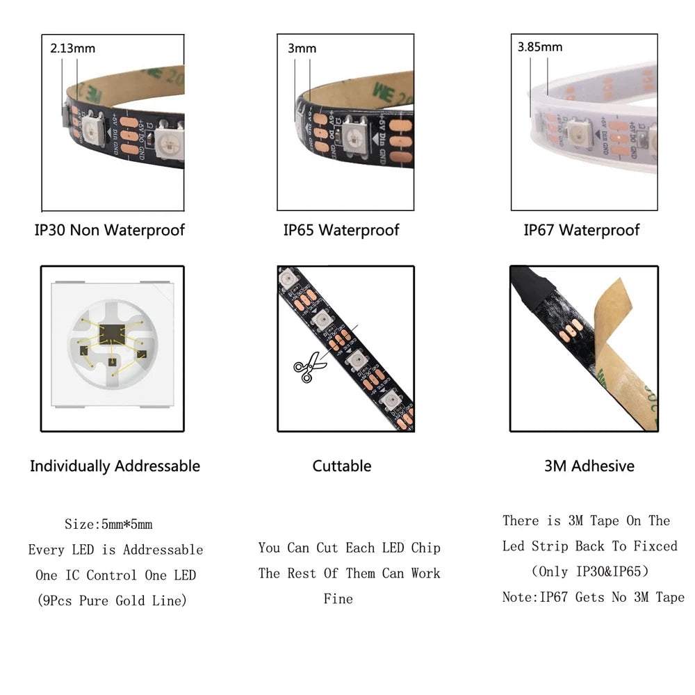 DC5V WS2812B Led Strip light 30/60/74/96/144leds/m Individually