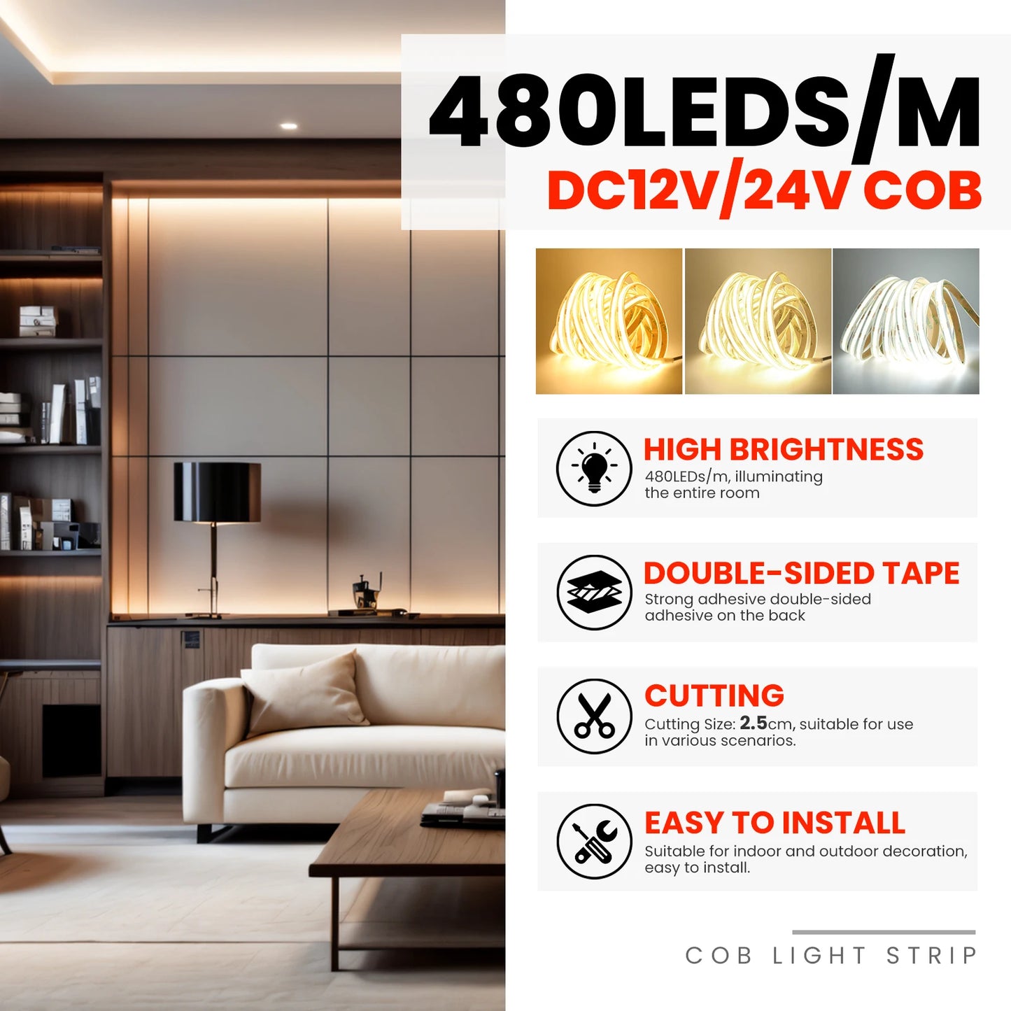 IP67 Waterproof 12/24V COB LED Strip Light 480LED/m Dimmable