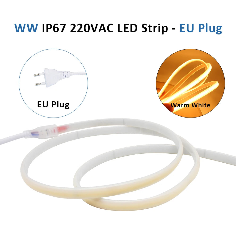 220V IP67 Waterproof COB Led Strip 3000K 4000K 6000K 240LEDs