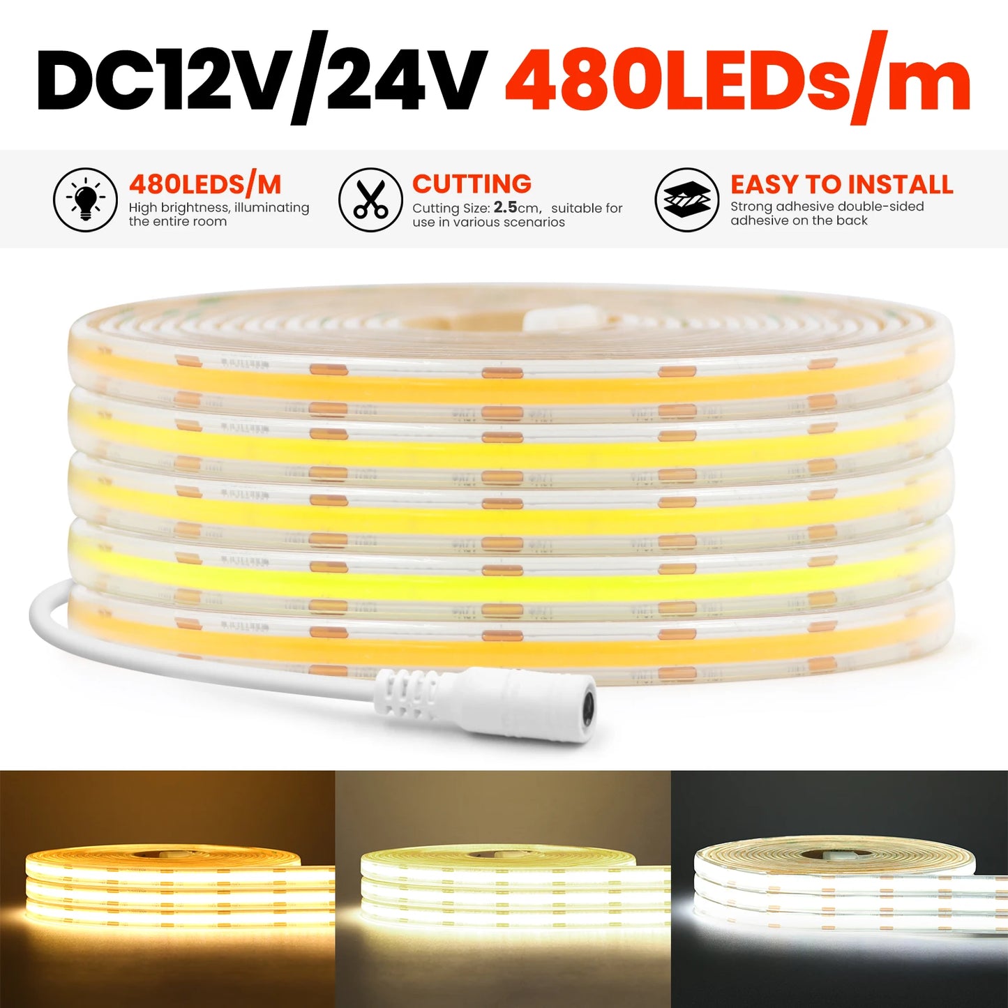 IP68 Waterproof COB LED Strip Lights 12V 24V 480Leds Diode Tape