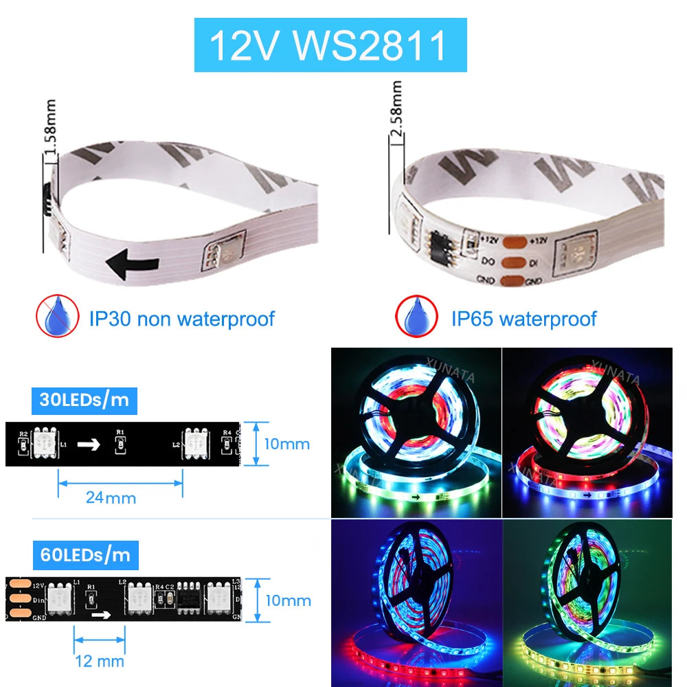 WS2811 WS2812B 5050 RGB LED Strip Light 30/60LEDs/m Smart
