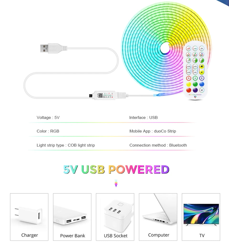 8MM 576LEDs/M Bluetooth RGB COB LED Strip Light USB LED Tape