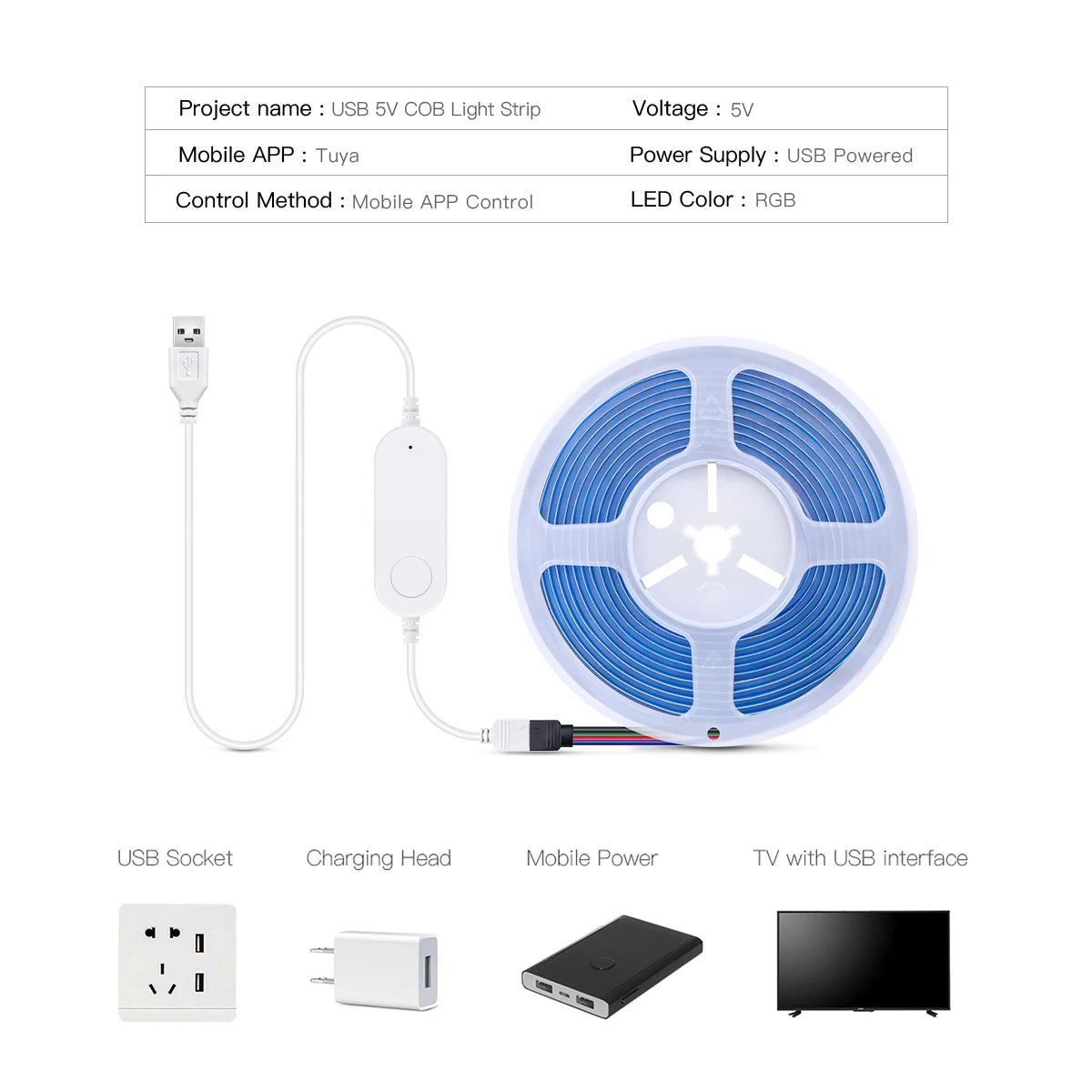 WIFI Alexa Control RGB COB LED Strip DC 5V USB Tuya APP