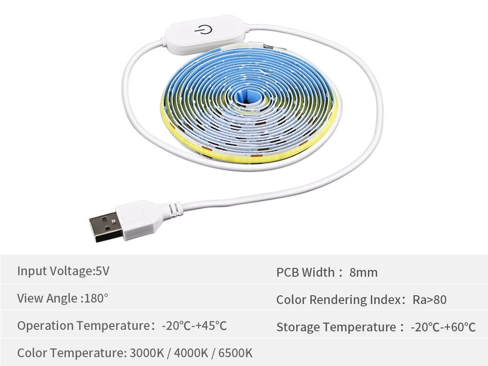 5V COB LED Strip Touch Dimmer USB Plug 320LEDs/m High Density