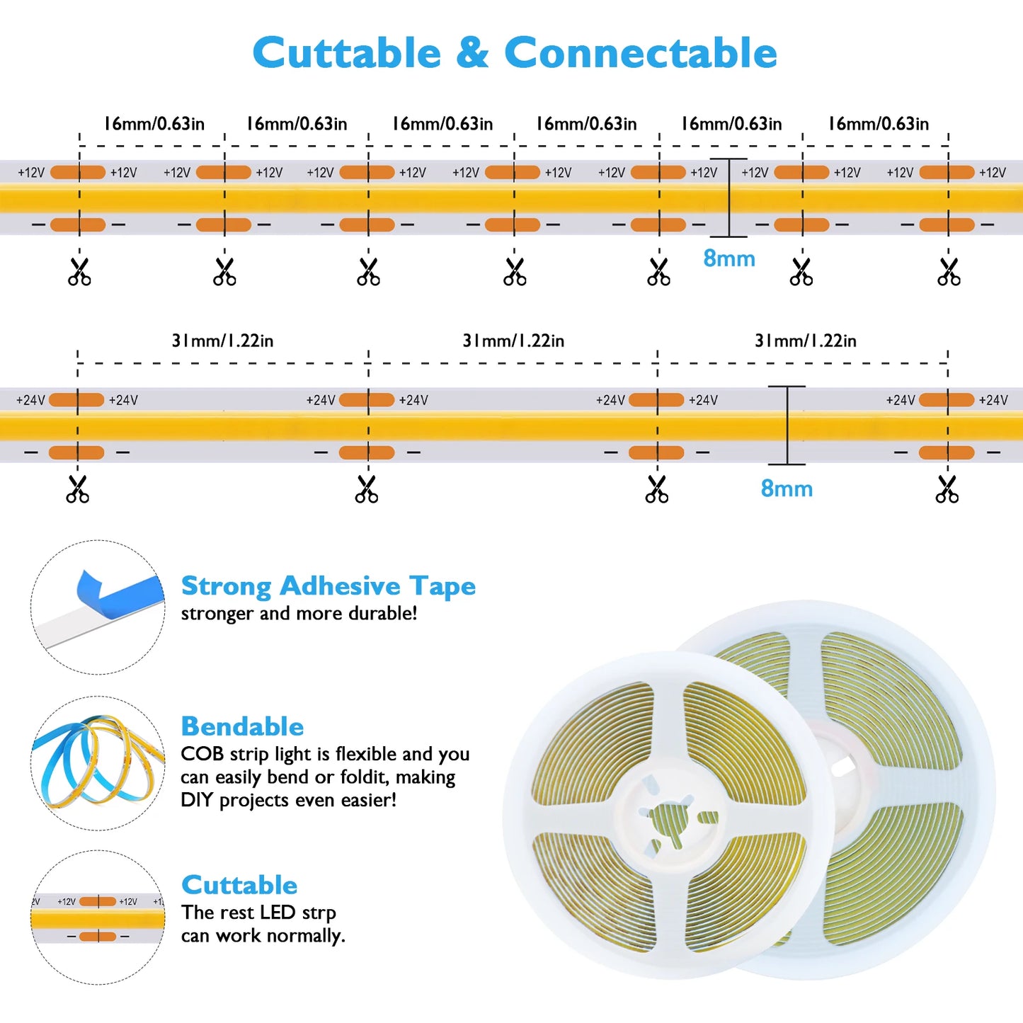 DC12 24V COB LED Strip Light 528Leds/m Flexible Tape