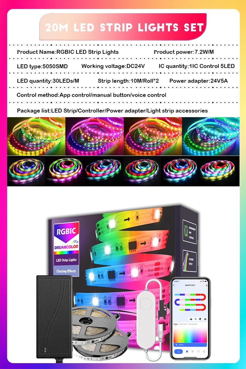 65.5ft/20m TUYA WS2811 TUYA DreamColor LED Strip Lights RGBIC