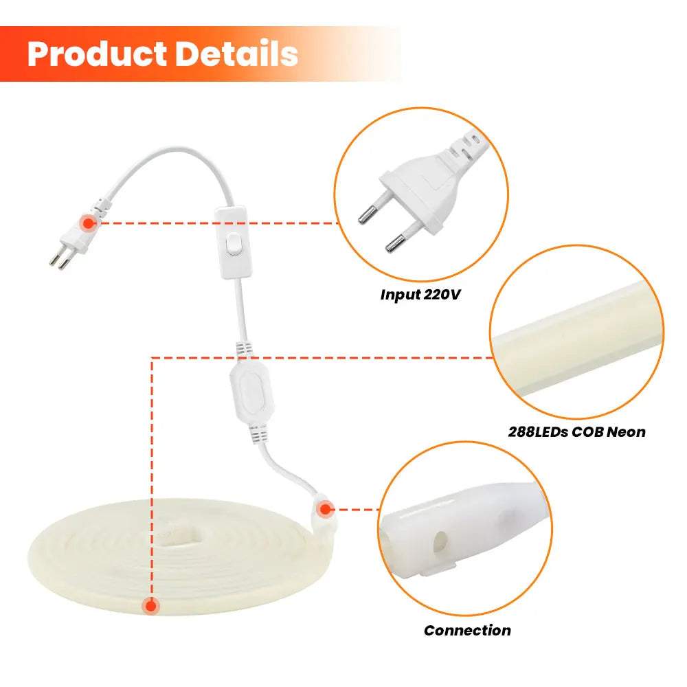1/35M High Bright COB LED Strip Light 220V 288Leds Neon Strip