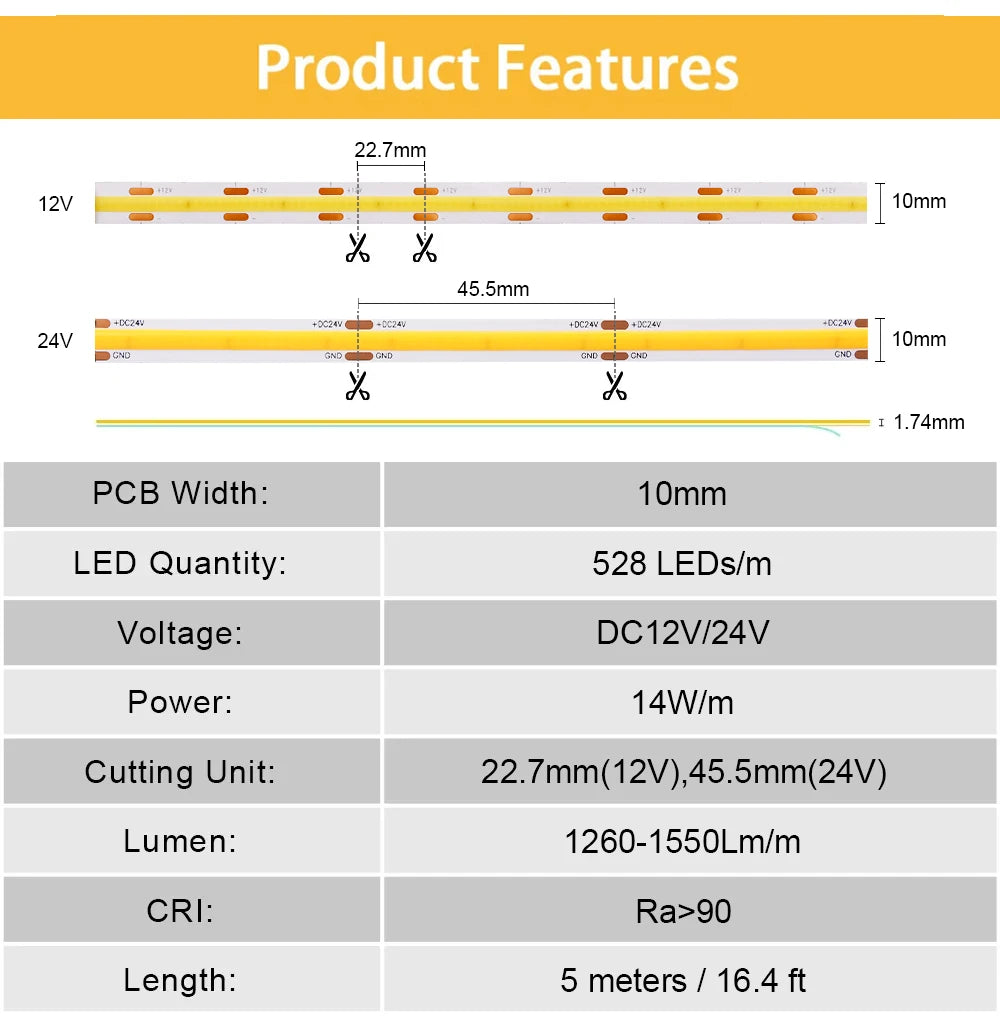 Linear Dimmable 24V 12V COB LED Strip Light For Room Decor