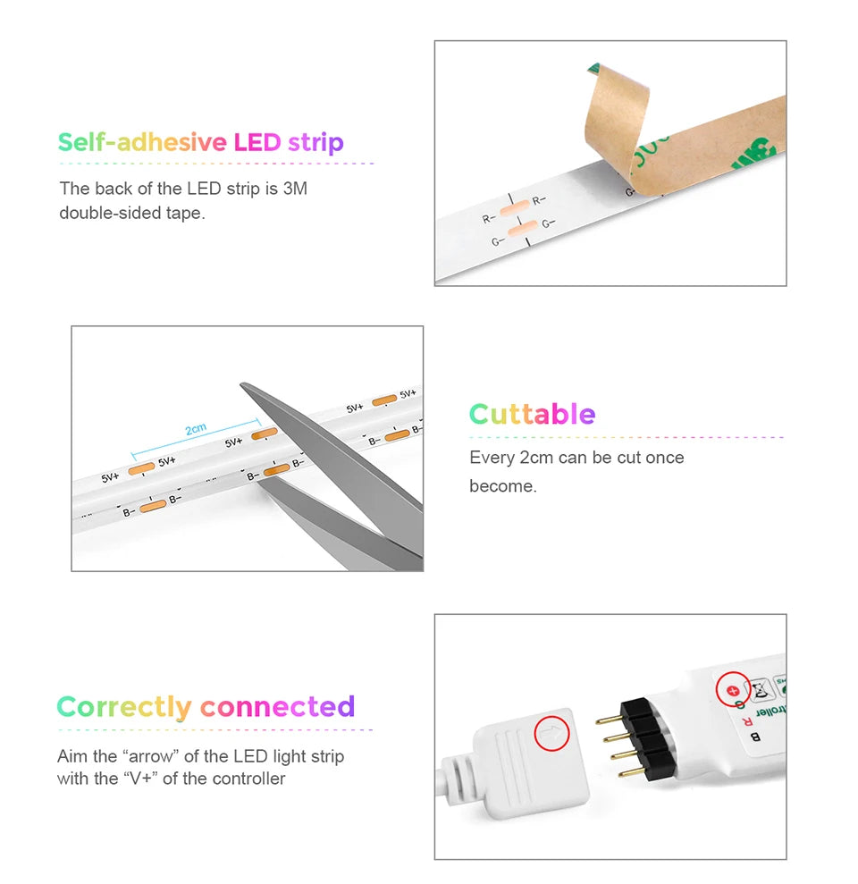 8MM 576LEDs/M Bluetooth RGB COB LED Strip Light USB LED Tape