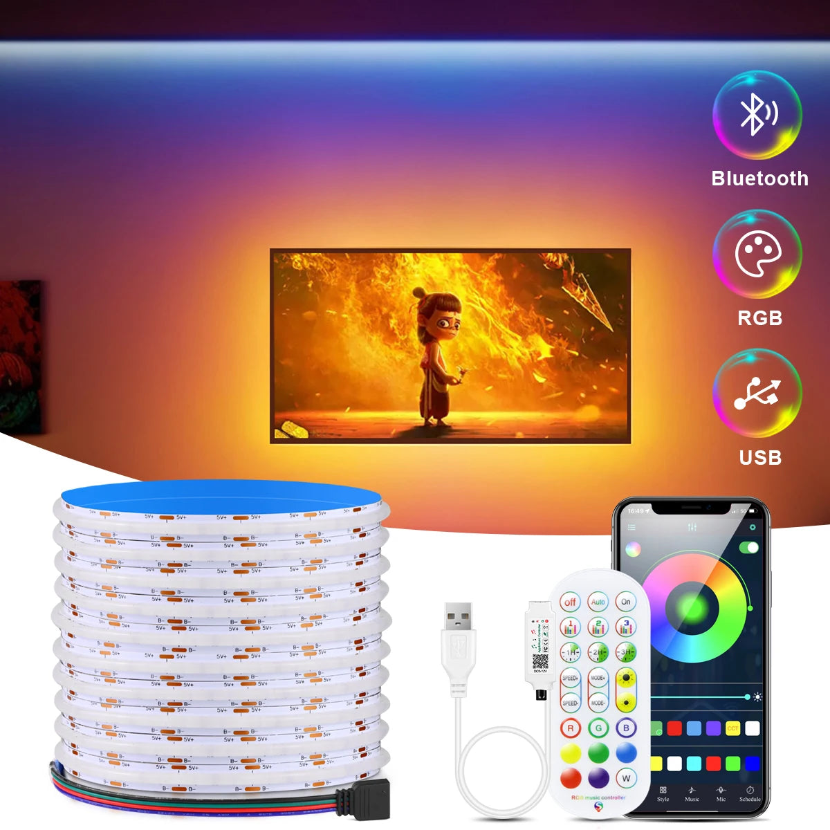 8MM 576LEDs/M Bluetooth RGB COB LED Strip Light USB LED Tape