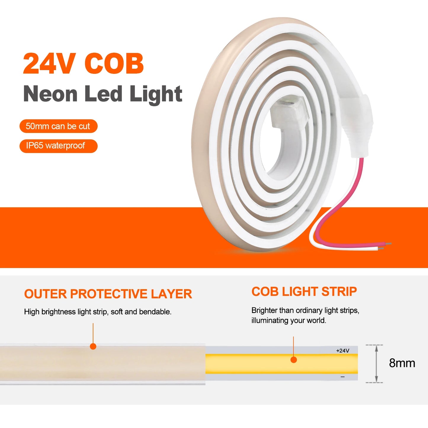 Waterproof COB LED Strip Light 12V 24V Flexible LED Neon Light