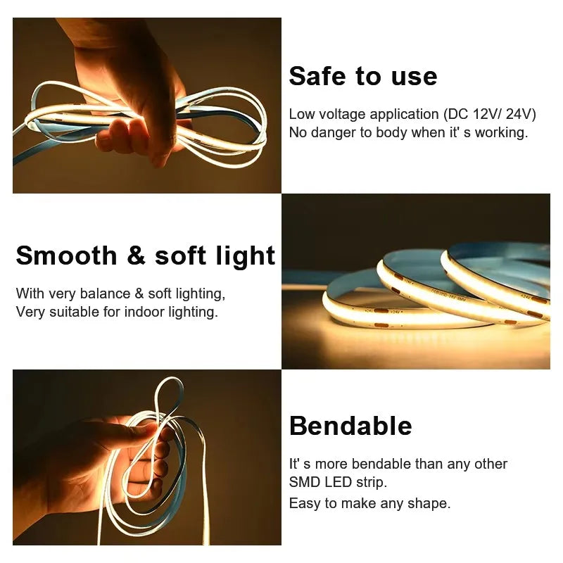 5m 10m DC12-24V COB LED Strip Lights 320LEDs/m High Density