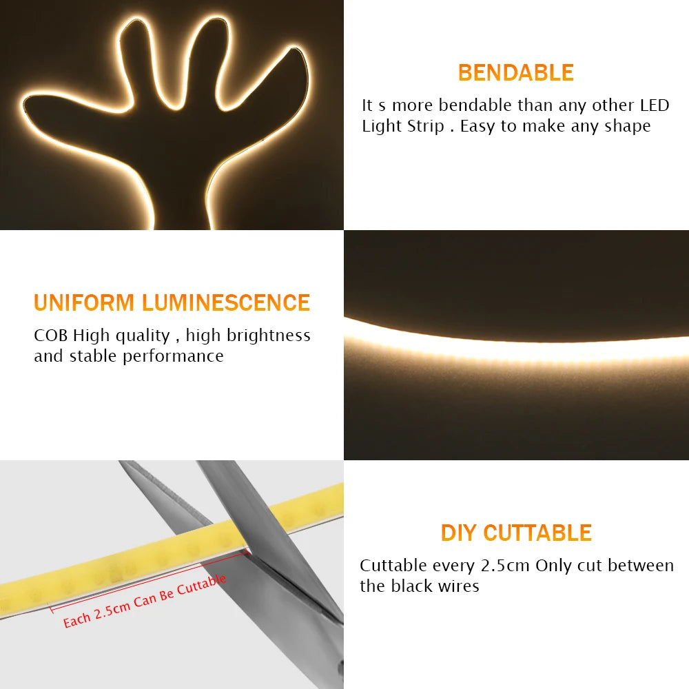 DC 5V 12V 24V COB LED Strip 320 384 480 528LEDs/m High Density
