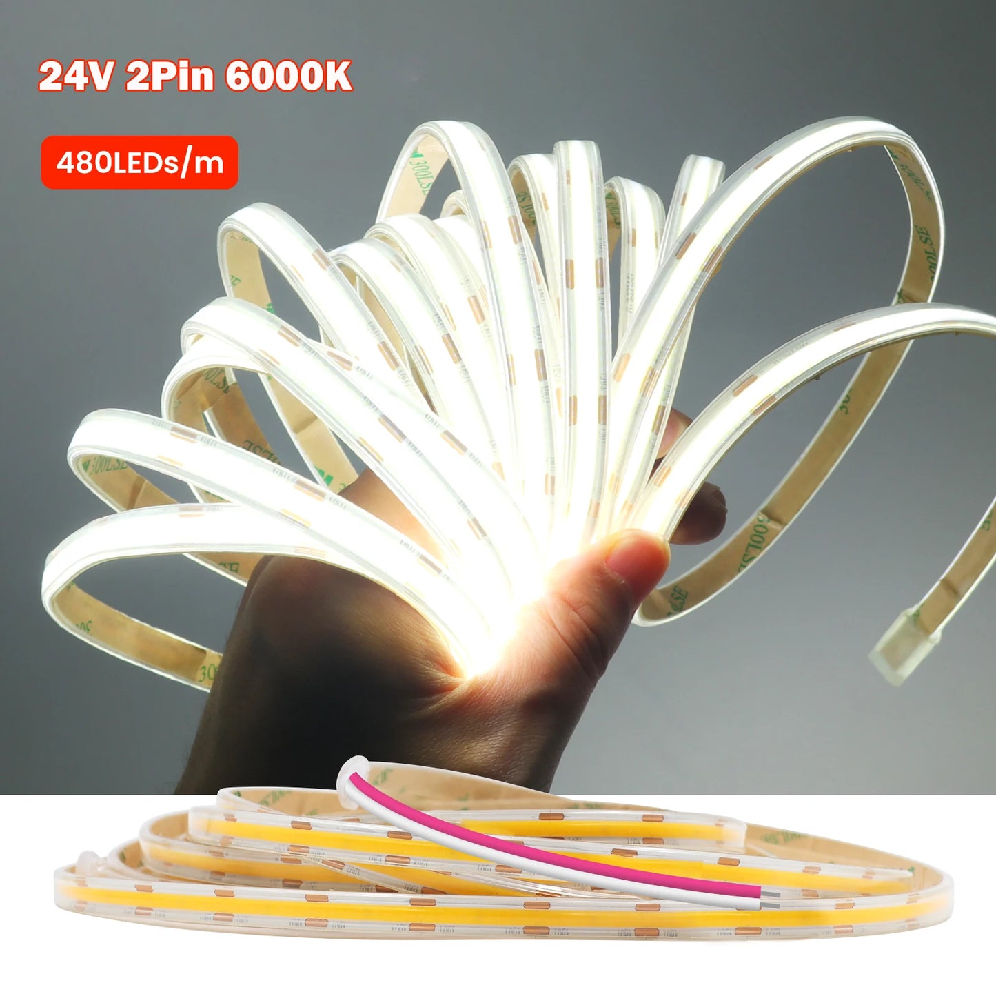 IP67 Waterproof 12/24V COB LED Strip Light 480LED/m Dimmable