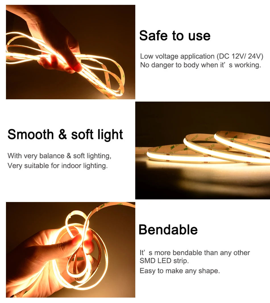 5m 10m DC12-24V COB LED Strip Lights 320LEDs/m High Density