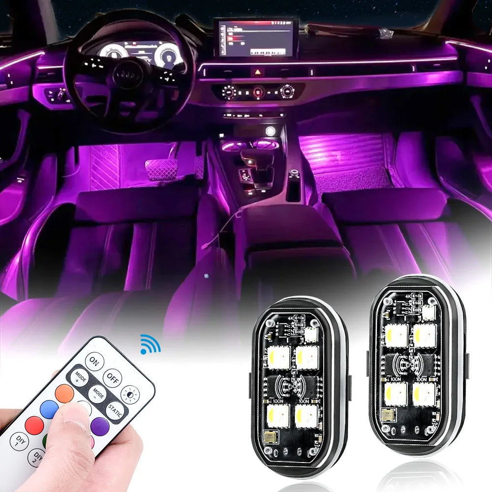 2/4pcs Wireless LED Strobe Lights Car Decor Atmosphere Light