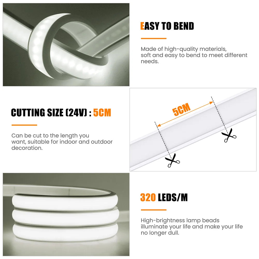 DC 24V COB Solar Neon Light Strips Flexible Lights Waterproof IP67