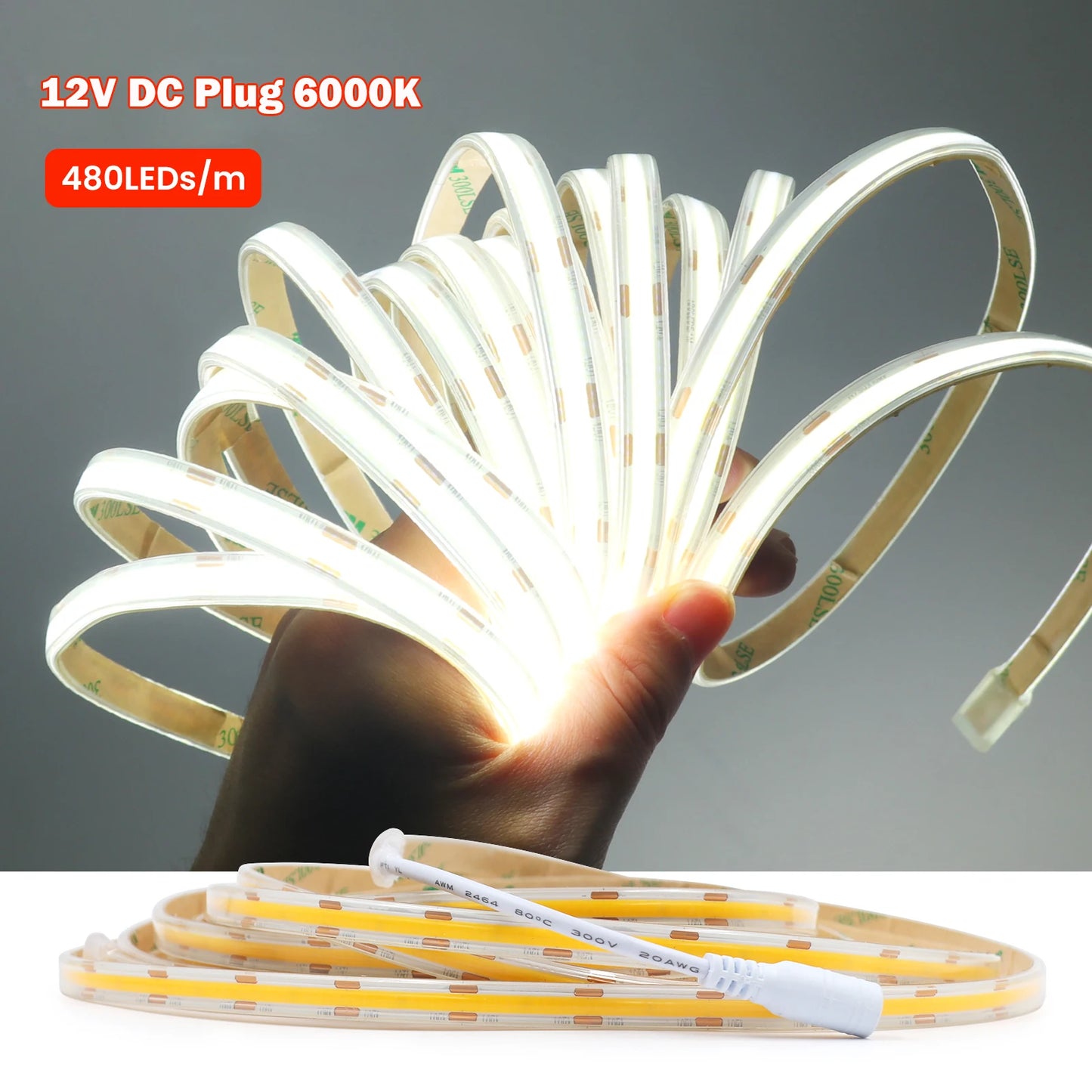 IP67 Waterproof 12/24V COB LED Strip Light 480LED/m Dimmable