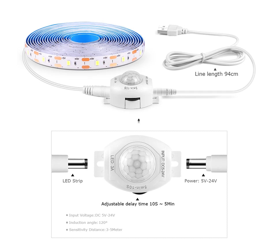 Wireless PIR Motion Sensor 5V USB LED Strip Light Flexible LED Tape