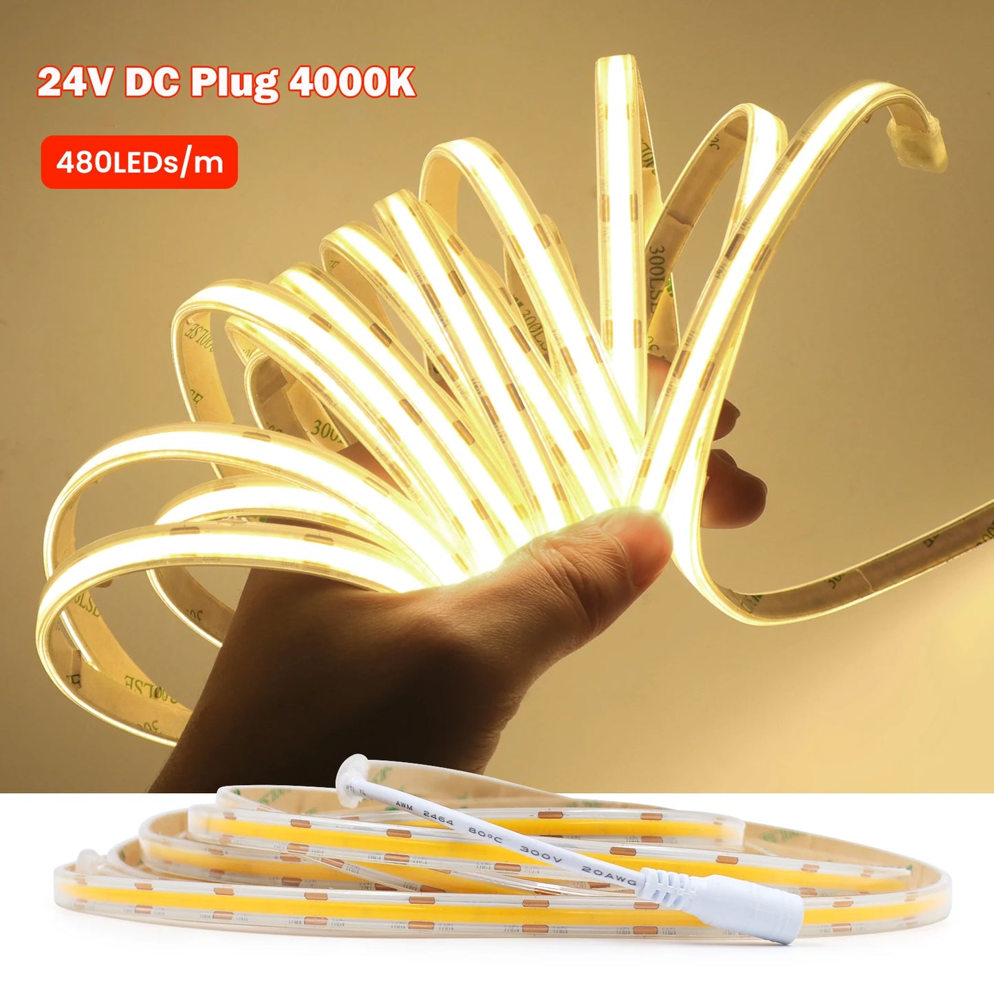 IP67 Waterproof 12/24V COB LED Strip Light 480LED/m Dimmable