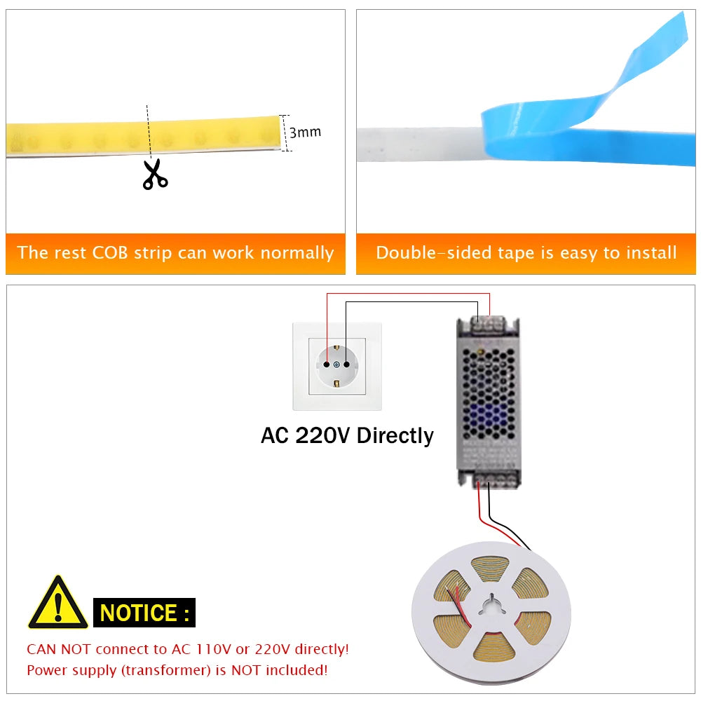 DC 5V 12V 24V COB LED Strip 320 384 480 528LEDs/m High Density