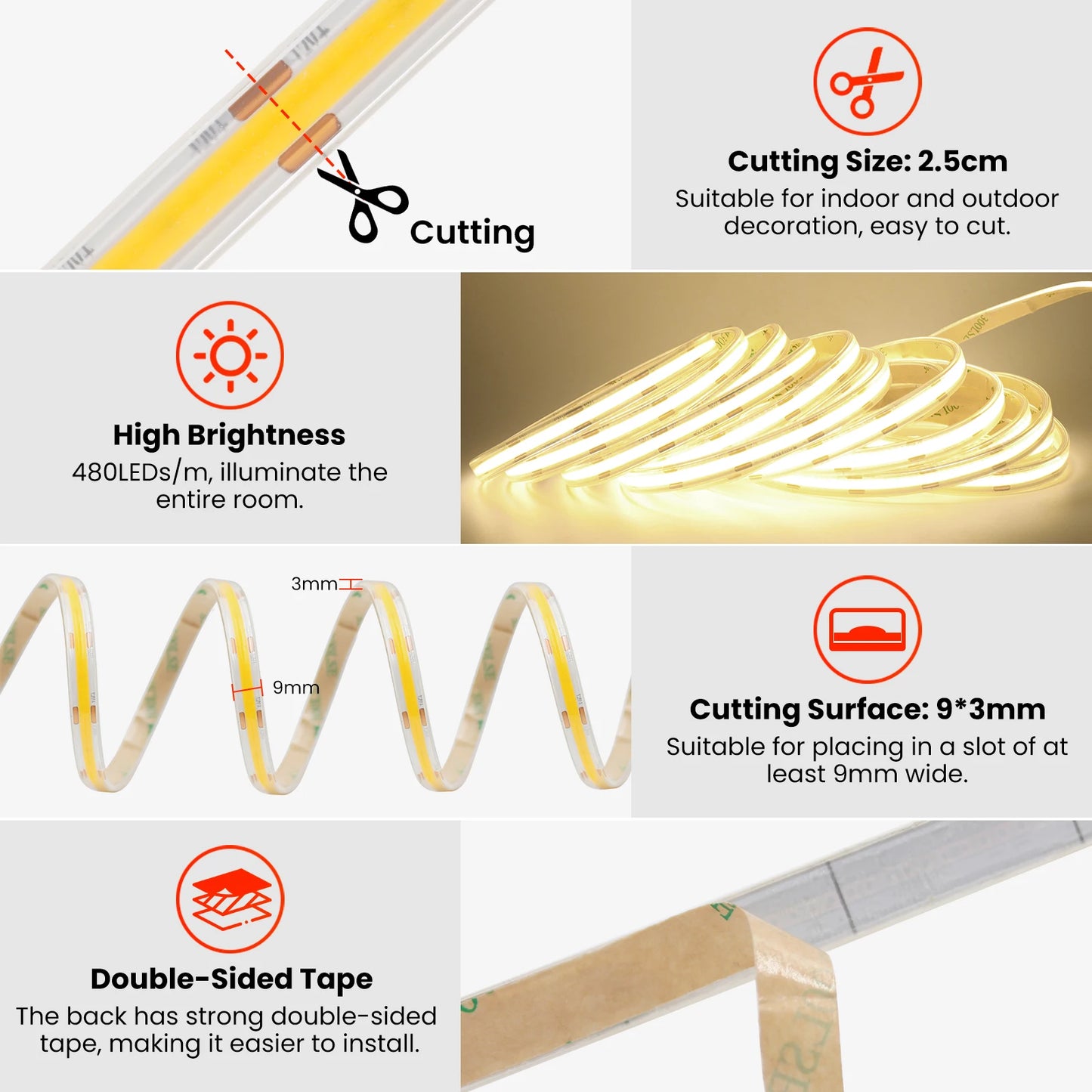 IP68 Waterproof COB LED Strip Lights 12V 24V 480Leds Diode Tape