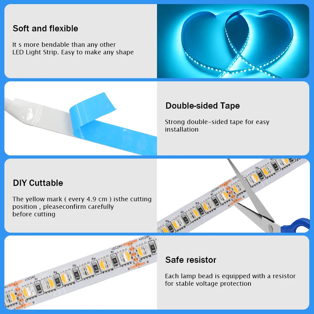 RGBW RGBWW LED Strip DC 12V 24V 4 Colors In 1 Chip Rope Light
