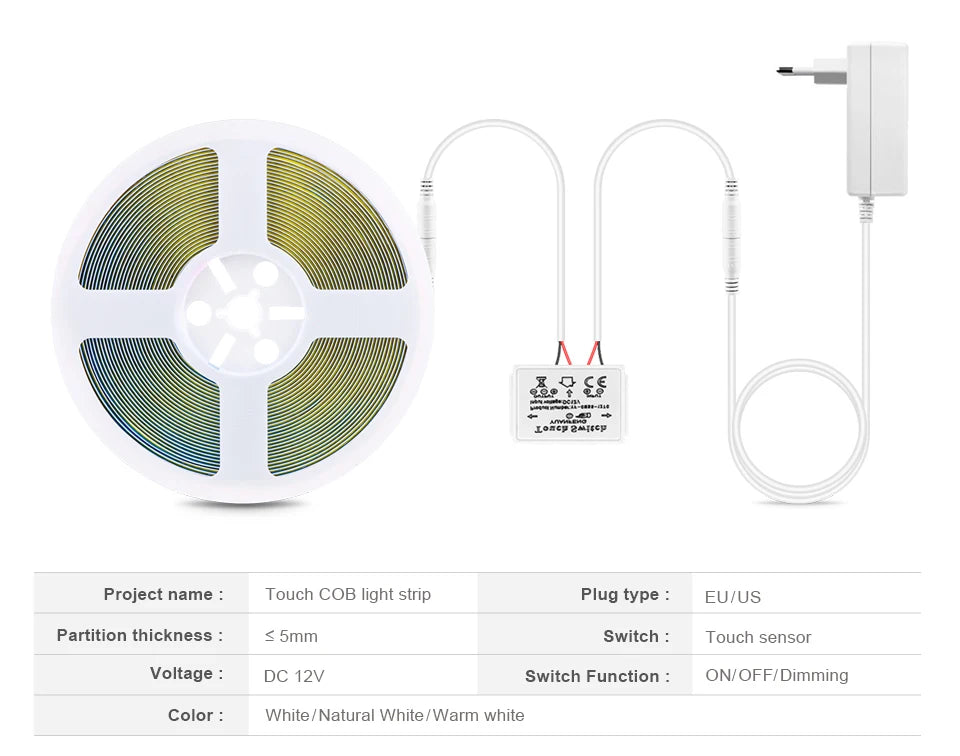 Touch Switch Makeup Mirror Light Dimmable 12V COB LED Strip Lights