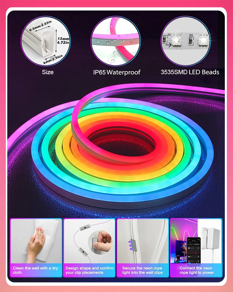 TUYA Neon LED Strip Lights 12-24V 84LEDs/M Silicone Neon Rope Light