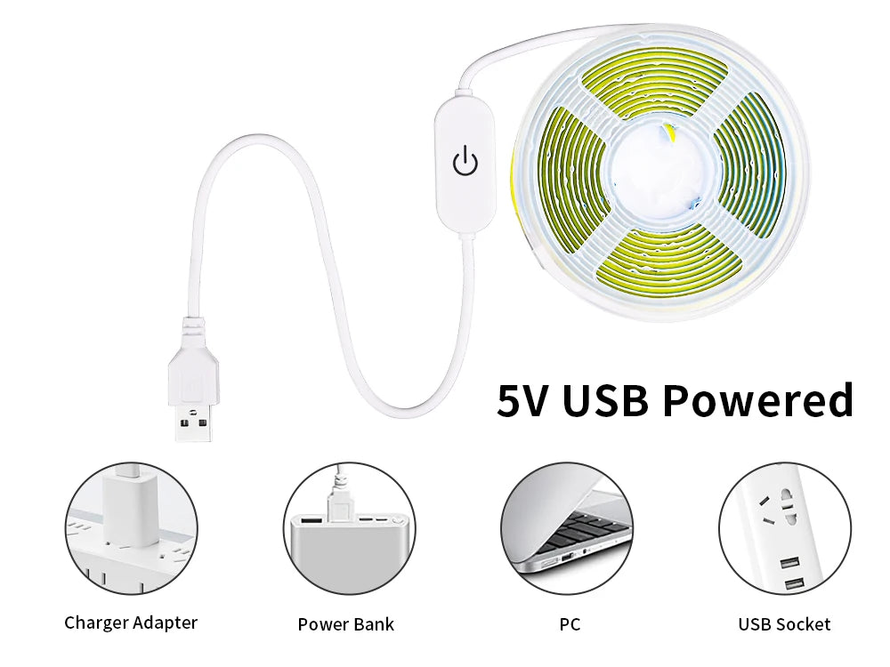 5V COB LED Strip Touch Dimmer USB Plug 320LEDs/m High Density